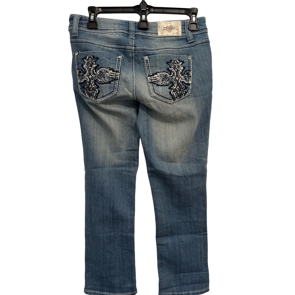 Y2K Rhinestone Winged Cross Jeans Light Blue Straight Leg Size 5 NWT ZCO Denim